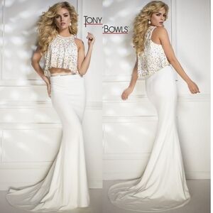 TONY Bowls Ivory Multi-color Beaded Jewel Neckline Draped Two-Piece Dress 4